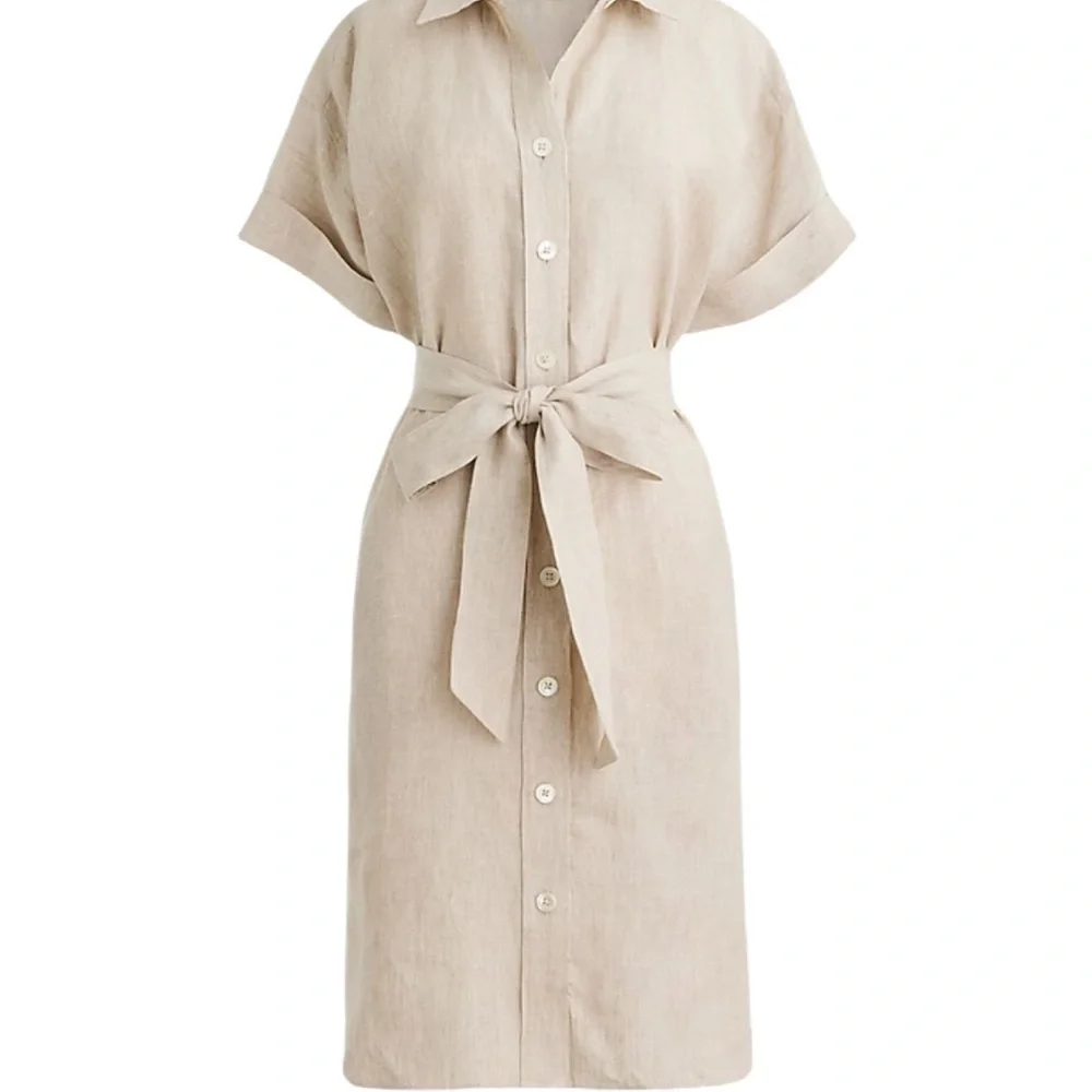 Button-Front Tie Waist Linen Dress in Light Beige